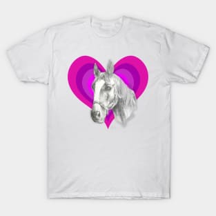 Beautiful pencil drawing of a horse on a rainbow heart T-Shirt